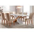 Conjunto: Mesa Sala Jantar Imperatriz Tampo Madeirado c/ Vidro Canto Curvo 180x90 e 6 Cadeiras Londrina Imbuia/Off White - Suede Capuccino - Rufato