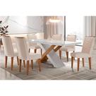 Conjunto: Mesa Sala Jantar Imperatriz Tampo Madeirado c/ Vidro Canto Curvo 180x90 e 6 Cadeiras Londrina Imbuia/Off White - Suede Creme - Rufato