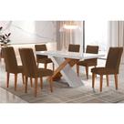 Conjunto: Mesa Sala Jantar Imperatriz Tampo Madeirado c/ Vidro Canto Curvo 180x90 e 6 Cadeiras Londrina Imbuia/Off White - Suede Marrom - Rufato