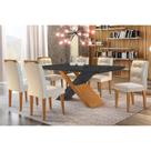Conjunto: Mesa Sala Jantar Imperatriz Tampo Madeirado c/ Vidro Curvo 180x90 e 6 Cadeiras Imperatriz Imbuia/Grafite - Suede Creme - Rufato