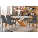 Conjunto: Mesa Sala Jantar Imperatriz Tampo Madeirado c/ Vidro Curvo 180x90 e 6 Cadeiras Imperatriz Imbuia/Off White - Suede Grafite - Rufato