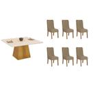 Conjunto: Mesa Sala Jantar Itália c/ Tampo Madeirado c/ Vidro Curvo 136x136cm e 6 Cadeiras Jade Cedro/Off White - Linho Bege - DJ Móveis