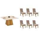Conjunto: Mesa Sala Jantar Itália c/ Tampo Madeirado c/ Vidro Curvo 136x136cm e 6 Cadeiras Jade Cedro/Off White - Suede Kraft - DJ Móveis