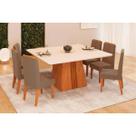 Conjunto: Mesa Sala Jantar Itália c/ Tampo Madeirado c/ Vidro Curvo 136x136cm e 6 Cadeiras Lia Freijo/Off White - Linho Bege - DJ Móveis