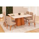 Conjunto: Mesa Sala Jantar Itália c/ Tampo Madeirado c/ Vidro Curvo 136x136cm e 6 Cadeiras Lia Freijo/Off White - Suede Kraft - DJ Móveis