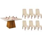 Conjunto: Mesa Sala Jantar Itália c/ Tampo Madeirado c/ Vidro Curvo 136x136cm e 6 Cadeiras Ondina Freijo/Off White - Linho Neve - DJ Móveis