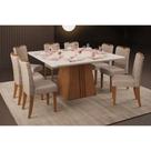 Conjunto: Mesa Sala Jantar Itália Tampo Madeirado c/ Vidro Curvo 136x136cm e 8 Cadeiras Julia Freijo/Off White - Suede Kraft - DJ Móveis
