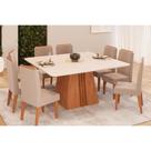 Conjunto: Mesa Sala Jantar Itália Tampo Madeirado c/ Vidro Curvo 136x136cm e 8 Cadeiras Lia Freijo/Off White - Suede Kraft - DJ Móveis Conjunto: Mesa Sala Jantar Itália Tampo Madeirado c/ Vidro Curvo 136x136cm e 8 Cadeiras Lia Freijo/Off White - Suede Kraft - DJ Móveis