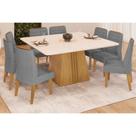 Conjunto: Mesa Sala Jantar Itália Tampo Madeirado c/ Vidro Curvo 136x136cm e 8 Cadeiras Ondina Cedro/Off White - Suede Lunar - DJ Móveis
