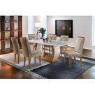 Conjunto: Mesa Sala Jantar Jade Tampo Madeirado c/ Vidro Canto Curvo 180cm + 6 Cadeiras Melissa Imbuia/Turim - Rufato