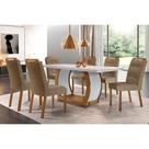 Conjunto: Mesa Sala Jantar Jade Tampo Madeirado c/ Vidro Canto Curvo 180x90 e 6 Cadeiras Imperatriz Imbuia/Off White - Suede Capuccino - Rufato