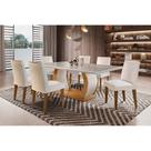 Conjunto: Mesa Sala Jantar Jade Tampo Madeirado c/ Vidro Reto 180x90 e 6 Cadeiras Jade Imbuia/Suede Creme - Rufato