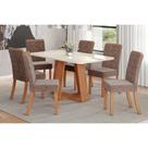 Conjunto: Mesa Sala Jantar Lins c/ Tampo Madeirado c/ Vidro Curvo 160x90cm e 6 Cadeiras Esther Nature/Linho Cacao - Henn