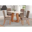 Conjunto: Mesa Sala Jantar Lins c/ Tampo Reto Madeirado c/ Vidro 120x80cm e 4 Cadeiras Malu Nature/Suede Light Marrom Amendoa - Henn