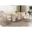 Conjunto: Mesa Sala Jantar Liz c/ Tampo Madeirado c/ Vidro Oval 218x108cm e 8 Cadeiras Vitta Off White/Dourado - Boucle Perola - DJ Móveis