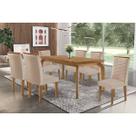 Conjunto: Mesa Sala Jantar Londrina c/ Tampo Madeirado Canto Curvo 180x90cm e 6 Cadeiras Maldivas Naturale - Linho Bege Rufato