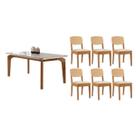 Conjunto: Mesa Sala Jantar Londrina Tampo c/ Vidro Curvo 180cm+6 Cadeiras Havana Naturale/Off White - Suede Creme Rufato