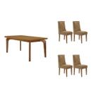 Conjunto: Mesa Sala Jantar Londrina Tampo Curvo 120cm+4 Cadeiras Pietá Madeira Naturale - Capuccino/Linho Bege - Rufato