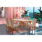 Conjunto: Mesa Sala Jantar Londrina Tampo Madeirado c/ Vidro 180cm + 6 Cadeiras Lunara Imbuia/Linho Esmeralda - Rufato