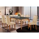 Conjunto: Mesa Sala Jantar Londrina Tampo Madeirado c/ Vidro Curvo 180x90 e 6 Cadeiras Londrina Imbuia/Suede Creme - Rufato