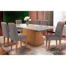Conjunto: Mesa Sala Jantar Luna c/ Tampo de Vidro Canto Curvo 180x90cm e 6 cadeiras Imperatriz Imbuia/Off White - Suede Grafite - Rufato