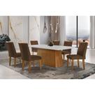 Conjunto: Mesa Sala Jantar Luna c/ Tampo de Vidro Canto Curvo 180x90cm e 6 cadeiras Jade Imbuia/Off White - Suede Marrom - Rufato