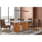 Conjunto: Mesa Sala Jantar Maldivas c/ Tampo Madeirado c/ Vidro Canto Curvo 180x90cm e 6 Cadeiras Dafne Naturale/Off White - Suede Marrom - Rufato