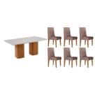 Conjunto: Mesa Sala Jantar Maldivas c/ Tampo Madeirado c/ Vidro Canto Curvo 180X90cm e 6 Cadeiras Dakota Naturale/Off White - Linho Capuccino - Rufato