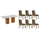Conjunto: Mesa Sala Jantar Maldivas c/ Tampo Madeirado c/ Vidro Canto Curvo 180X90cm e 6 Cadeiras Dakota Naturale/Off White - Suede Capuccino - Rufato