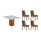 Conjunto: Mesa Sala Jantar Maldivas c/ Tampo Madeirado c/ Vidro Canto Curvo 90x90cm e 4 Cadeiras Dakota Naturale/Off White - Suede Capuccino - Rufato