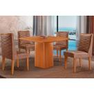 Conjunto: Mesa Sala Jantar Maldivas Tampo Curvo 90cm+4 Cadeiras Dafne Madeira Naturale - Capuccino/Linho Capuccino - Rufato