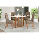 Conjunto: Mesa Sala Jantar Natalí c/ Tampo Madeirado c/ Vidro Reto 120x80cm e 4 Cadeiras Bella Nature/Suede Light Marrom Amendoa - Henn