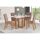 Conjunto: Mesa Sala Jantar Natalí c/ Tampo Madeirado c/ Vidro Reto 120x80cm e 4 Cadeiras Isa Nature/Suede Light Bege - Henn