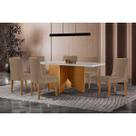 Conjunto: Mesa Sala Jantar Nevada c/ Tampo Madeirado c/ Vidro Canto Curvo 180x90cm e 6 Cadeiras Dakota Naturale/Off White - Linho Bege - Rufato