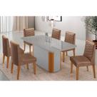 Conjunto: Mesa Sala Jantar Pietá c/ Tampo Madeirado c/ Vidro Canto Curvo 180x90cm e 6 Cadeiras Maldivas Naturale/Off White - Corano Capuccino - Rufato