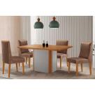 Conjunto: Mesa Sala Jantar Pietá c/ Tampo Madeirado Canto Curvo 120x80cm e 4 Cadeiras Dakota Naturale/Off White - Corano Capuccino - Rufato