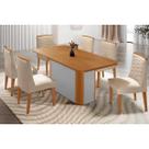 Conjunto: Mesa Sala Jantar Pietá c/ Tampo Madeirado Canto Curvo 180x90cm e 6 Cadeiras Maldivas Naturale/Off White - Suede Creme - Rufato