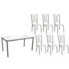 Conjunto: Mesa Sala Jantar Reno c/ Tampo de Vidro 150cm e 4 Cadeiras Florença Niquel - Courano Branco - Kappesberg Conjunto: Mesa Sala Jantar Reno c/ Tampo de Vidro 150cm e 4 Cadeiras Florença Niquel - Courano Branco - Kappesberg