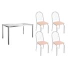 Conjunto: Mesa Sala Jantar Reno c/ Tampo Vidro 150cm + 4 Cadeiras Noruega Cromado/Courano Nude - Kappesberg