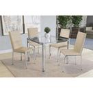 Conjunto: Mesa Sala Jantar Reno c/ Tampo Vidro 90cm + 4 Cadeiras Amsterdã Cromado/Courano Nude - Kappesberg
