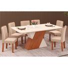 Conjunto: Mesa Sala Jantar Rubi Tampo Madeirado c/ Vidro Canto Reto 170x90cm e 6 Cadeiras Zoe Freijo/Off White/Off White - Suede Creme - DJ Móveis
