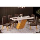 Conjunto: Mesa Sala Jantar Rubi Tampo Madeirado c/ Vidro Curvo 170x90cm e 6 Cadeiras Lia Cedro/Off White/Off White - Suede Moca - DJ Móveis