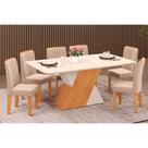 Conjunto: Mesa Sala Jantar Rubi Tampo Madeirado c/ Vidro Curvo 170x90cm e 6 Cadeiras Zoe Cedro/Off White/Off White - Suede Creme - DJ Móveis Conjunto: Mesa Sala Jantar Rubi Tampo Madeirado c/ Vidro Curvo 170x90cm e 6 Cadeiras Zoe Cedro/Off White/Off White - Suede Creme - DJ Móveis