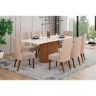 Conjunto: Mesa Sala Jantar Solana SC66 Tampo Madeirado c/ Vidro Canto Curvo 200x90cm e 8 Cadeiras Anne Nature/Courano/Creme - Henn