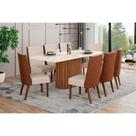 Conjunto: Mesa Sala Jantar Solana SC66 Tampo Madeirado c/ Vidro Canto Curvo 200x90cm e 8 Cadeiras Anne Nature/Courano/Linho - Henn