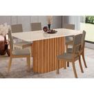 Conjunto: Mesa Sala Jantar Solana SC68 Tampo Madeirado c/ Vidro Canto Curvo 160x90cm e 6 Cadeiras Milla Nature/Suede Light Marrom Amêndoa - Henn