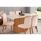 Conjunto: Mesa Sala Jantar Solana SC68 Tampo Madeirado c/ Vidro Canto Curvo 160x90cm e 6 Cadeiras Tauá Nature/Linho - Henn