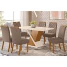 Conjunto: Mesa Sala Jantar Solus c/ Tampo Curvo Madeirado c/ Vidro 160x90cm e 6 Cadeiras Bella Nature/Suede Light Marrom Amendoa - Henn
