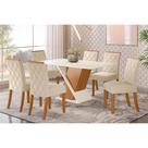 Conjunto: Mesa Sala Jantar Solus Tampo Madeirado c/ Vidro Canto Reto 160x90cm e 6 Cadeiras Vita Nature/Linho - Henn