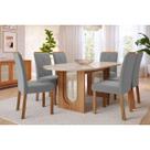 Conjunto: Mesa Sala Jantar Valentina Oval 210cm + 6 Cadeiras Fernanda Cinamomo/Off White - Carvalho/Linho Grafite Cimol
